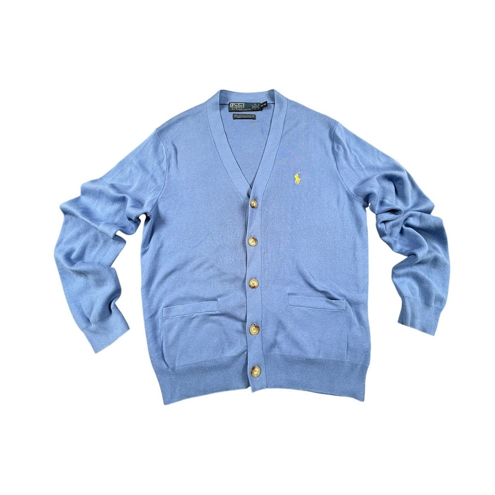 Polo Ralph Lauren Cardigan Sweater Mens M Blue Excellent Pima Cotton V-Neck